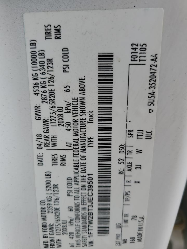 2018 Ford F250 VIN 1FT7W2BT3JEC39501 Copart auction photo, front end / undercarriage damage thumbnail 12