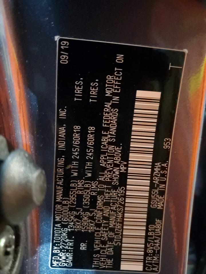 2019 Toyota Highlander VIN 5TDJZRFH4KS726195 Copart auction photo, rear end damage thumbnail 15