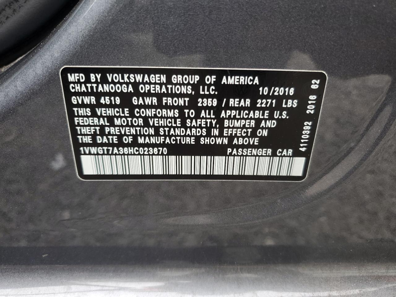 2017 Volkswagen Passat VIN 1VWGT7A36HC023670 Copart auction photo, front end / partial repair damage thumbnail 12