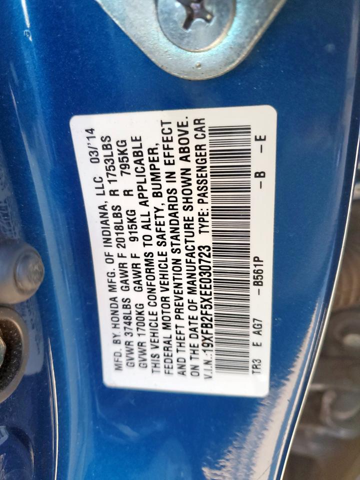 2014 Honda Civic VIN 19XFB2F5XEE030723 Copart auction photo, rear end / hail damage thumbnail 12
