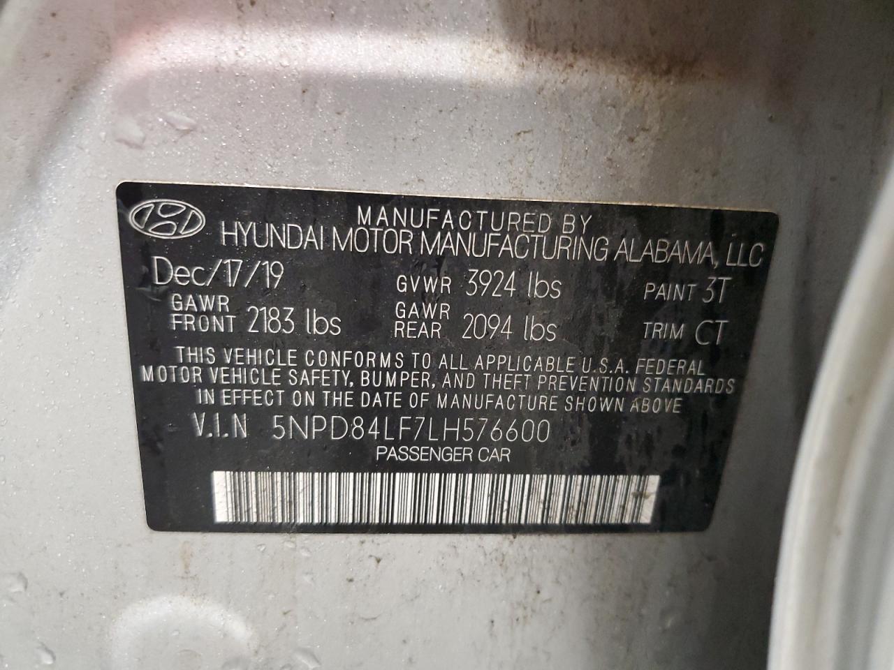 2020 Hyundai Elantra VIN 5NPD84LF7LH576600 Copart auction photo, front end / side damage thumbnail 14