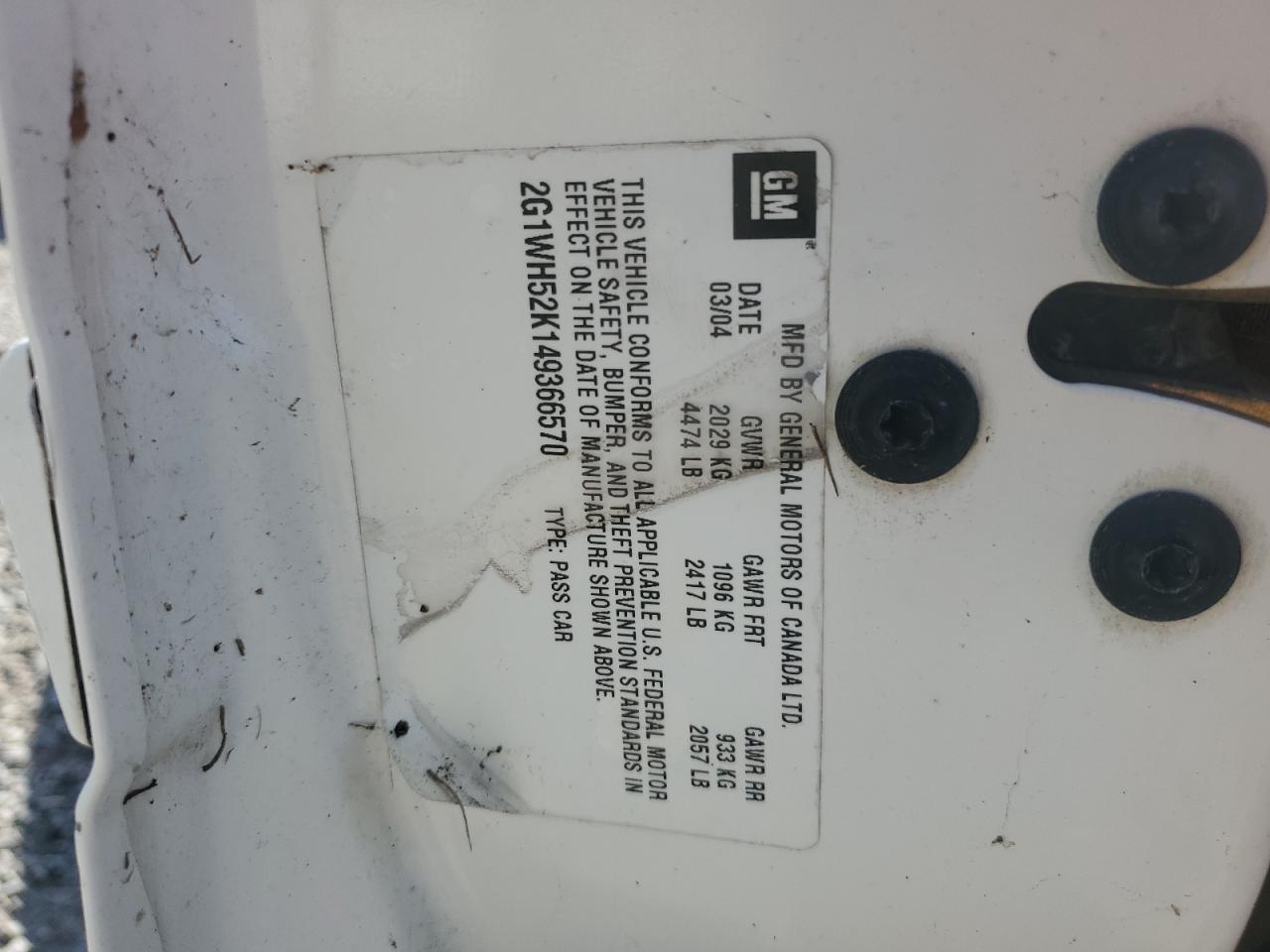 2004 Chevrolet Impala VIN 2G1WH52K149366570 Copart auction photo, water/flood damage thumbnail 13