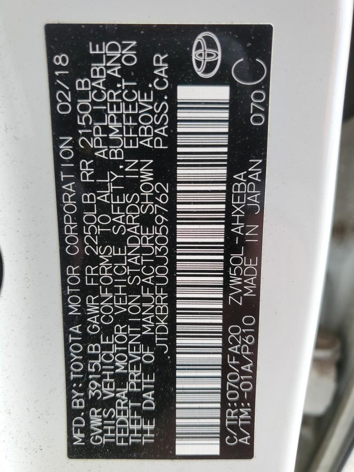 2018 Toyota Prius VIN JTDKBRFU0J3059762 Copart auction photo, front end damage thumbnail 12