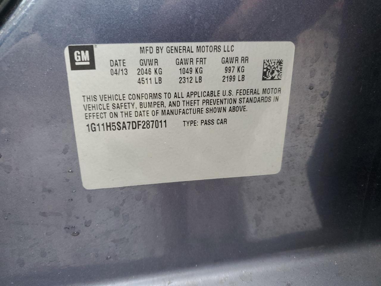 2013 Chevrolet Malibu VIN 1G11H5SA7DF287011 Copart auction photo, front end / rear end damage thumbnail 14
