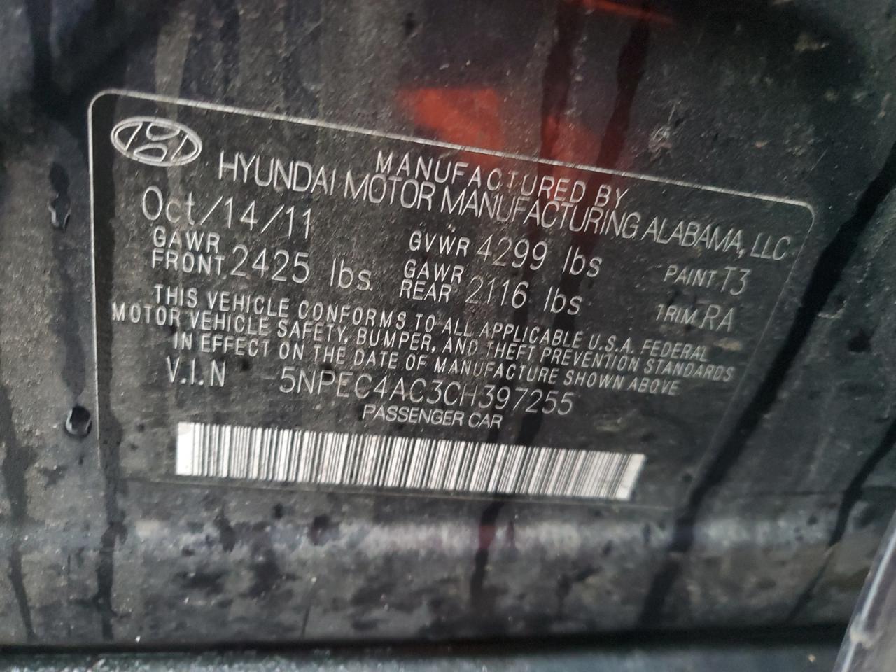 2012 Hyundai Sonata VIN 5NPEC4AC3CH397255 Copart auction photo, front end / rear end damage thumbnail 12
