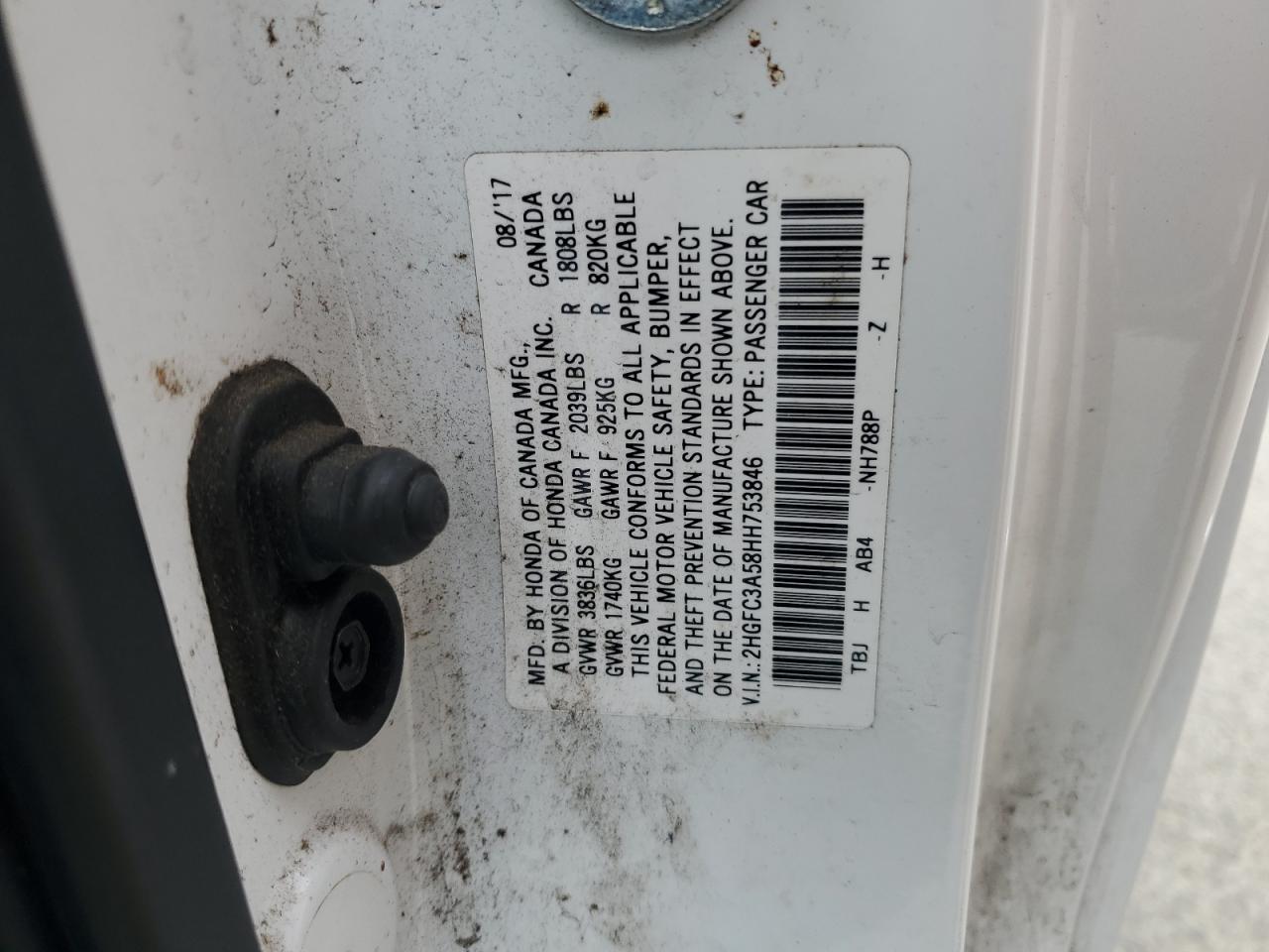 2017 Honda Civic VIN 2HGFC3A58HH753846 Copart auction photo, side / front end damage thumbnail 14