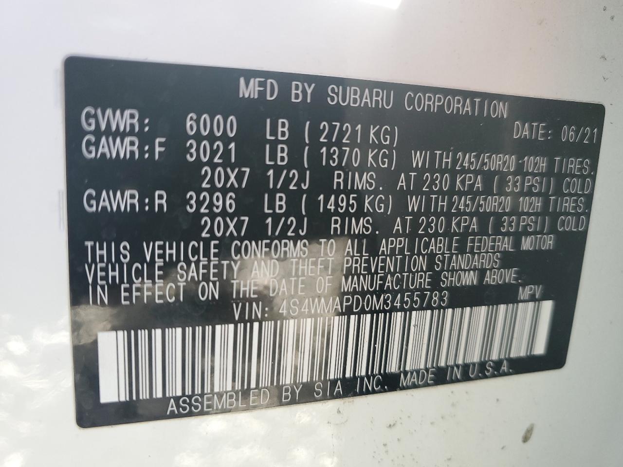 2021 Subaru Ascent VIN 4S4WMAPD0M3455783 Copart auction photo, front end / side damage thumbnail 13