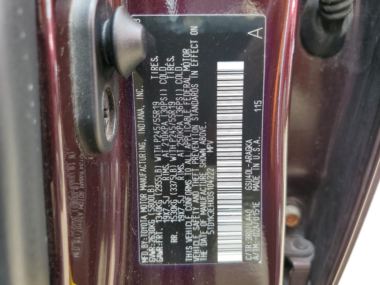 2013 Toyota Highlander VIN 5TDYK3EHXDS104222 Copart auction photo, front end / minor dent/scratches damage thumbnail 12