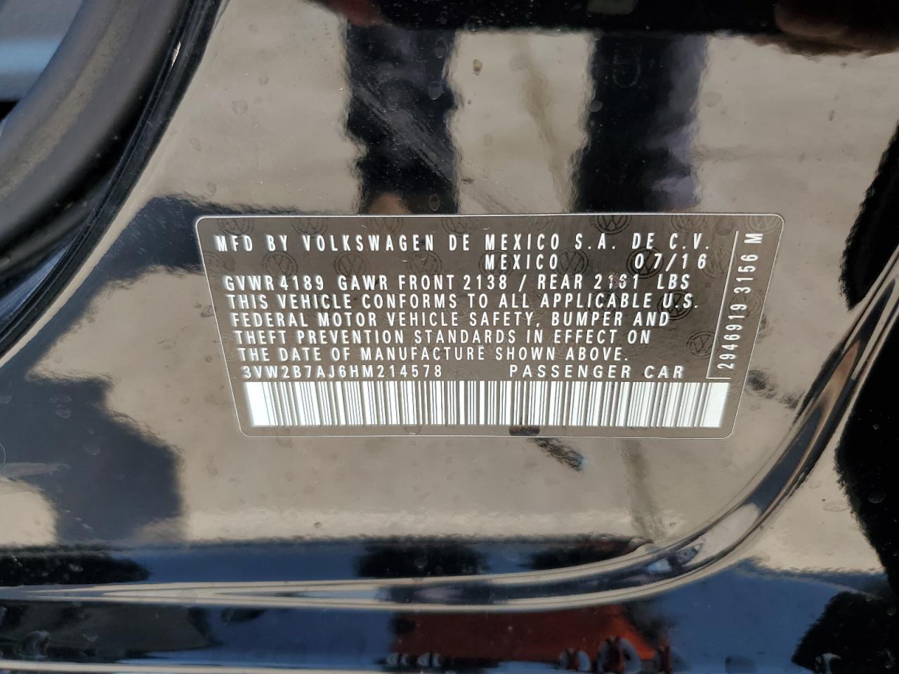 2017 Volkswagen Jetta VIN 3VW2B7AJ6HM214578 Copart auction photo, front end / minor dent/scratches damage thumbnail 13