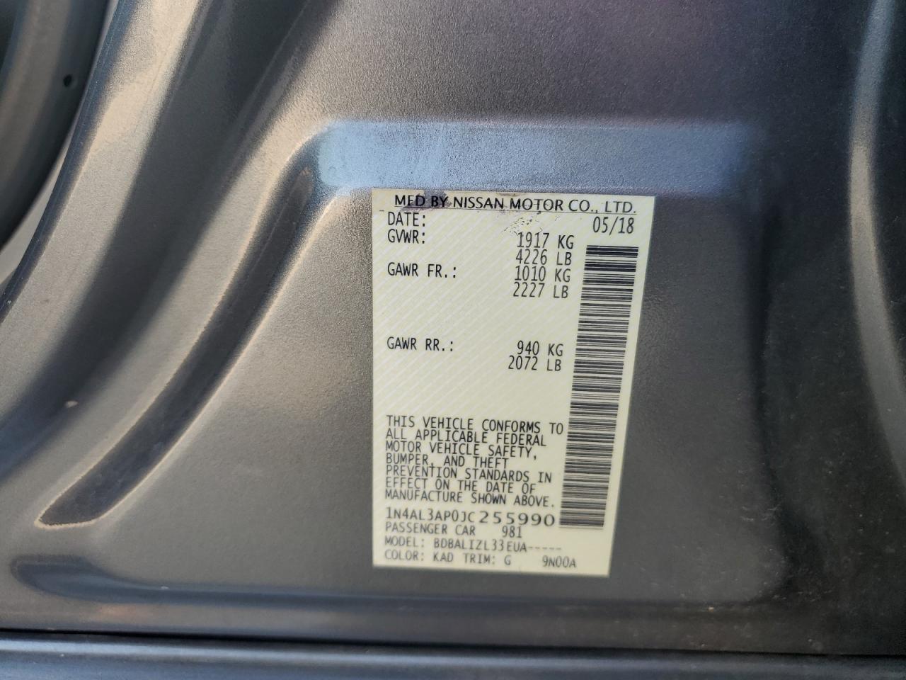 2018 Nissan Altima VIN 1N4AL3AP0JC255990 Copart auction photo, front end damage thumbnail 14