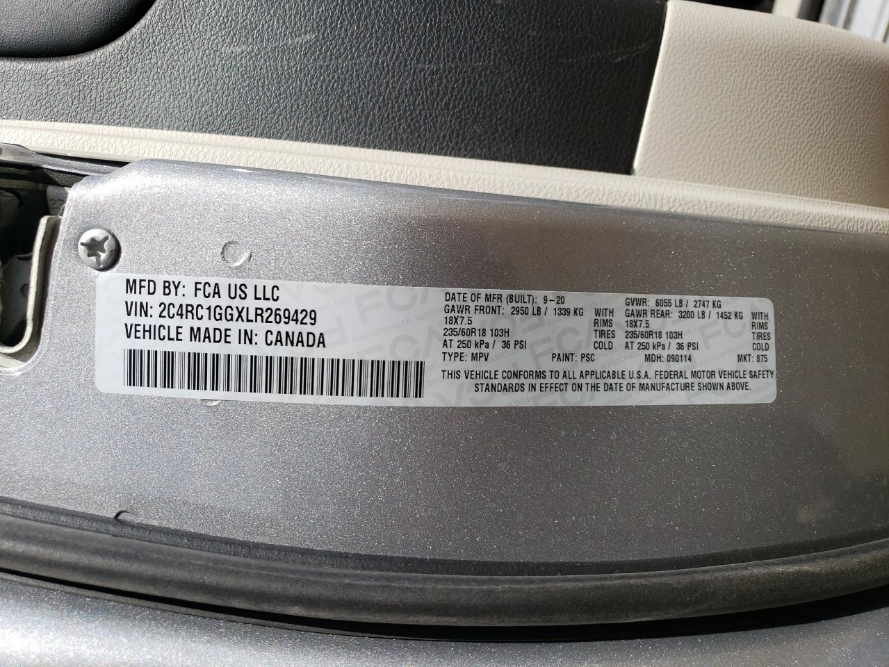 2020 Chrysler Pacifica VIN 2C4RC1GGXLR269429 Copart auction photo, all over / hail damage thumbnail 14
