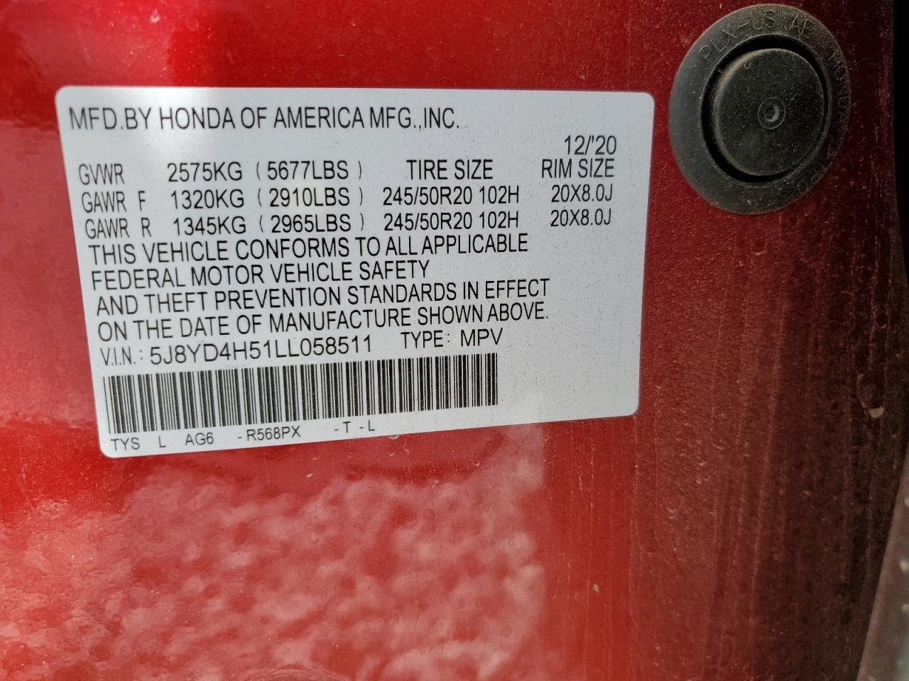 2020 Acura MDX VIN 5J8YD4H51LL058511 Copart auction photo, front end / minor dent/scratches damage thumbnail 15
