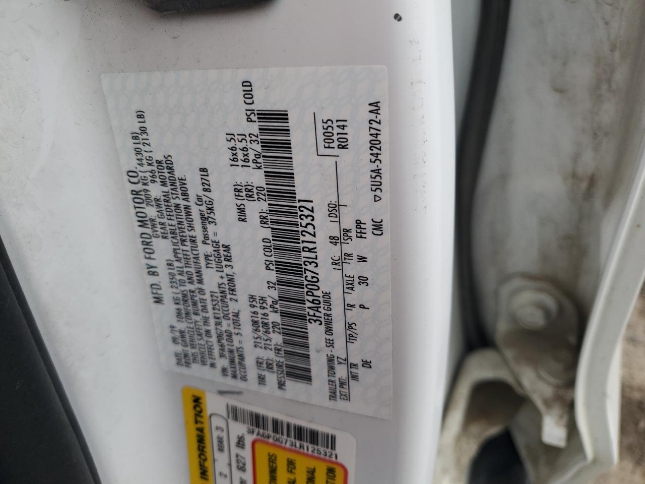 2020 Ford Fusion VIN 3FA6P0G73LR125321 Copart auction photo, side / front end damage thumbnail 12