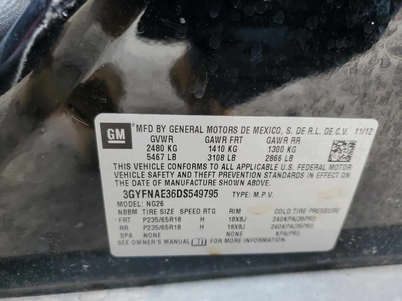 2013 Cadillac SRX VIN 3GYFNAE36DS549795 Copart auction photo, side / front end damage thumbnail 13