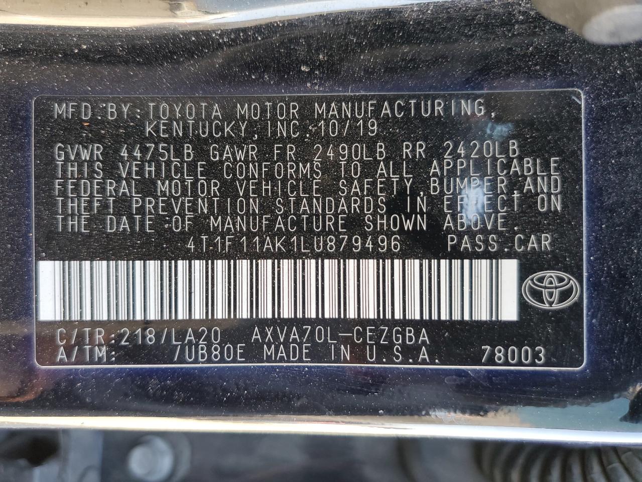 2020 Toyota Camry VIN 4T1F11AK1LU879496 Copart auction photo, side / rear end damage thumbnail 12