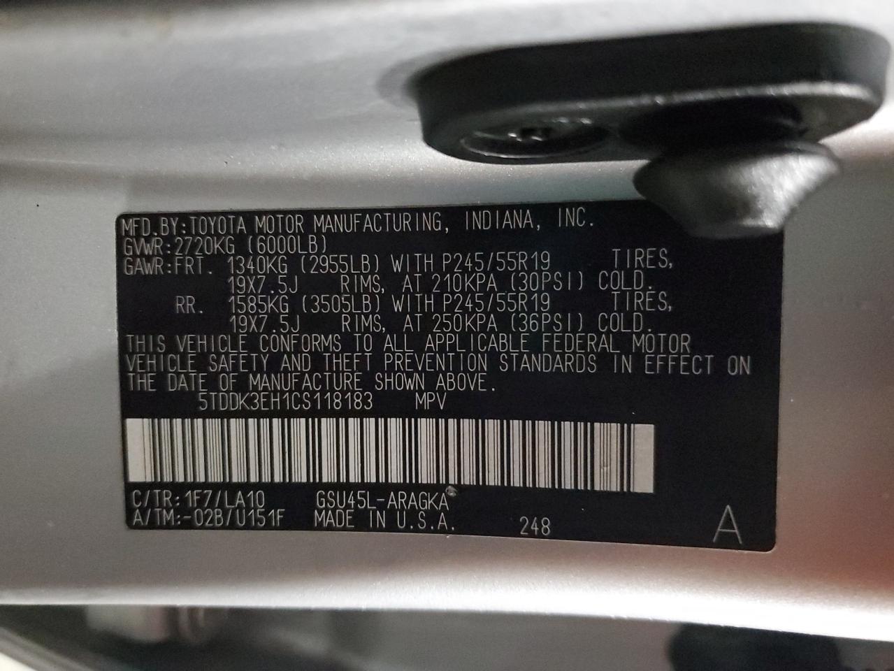 2012 Toyota Highlander VIN 5TDDK3EH1CS118183 Copart auction photo, front end / hail damage thumbnail 13