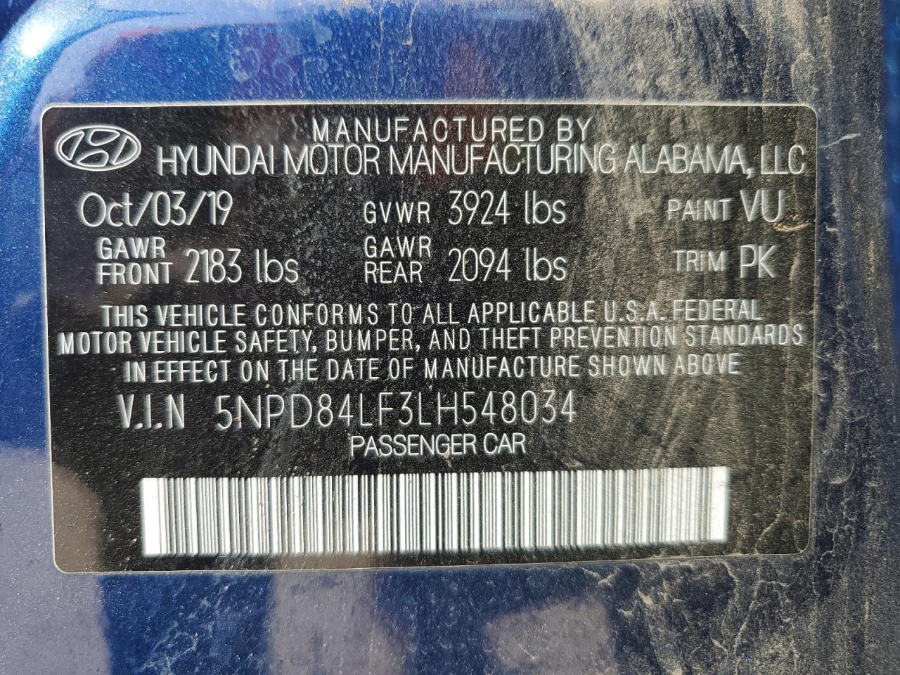 2020 Hyundai Elantra VIN 5NPD84LF3LH548034 Copart auction photo, vandalism damage thumbnail 12