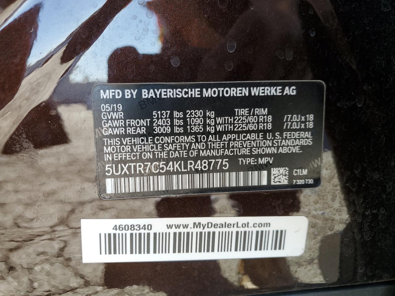 2019 BMW X3 VIN 5UXTR7C54KLR48775 Copart auction photo, front end damage thumbnail 15