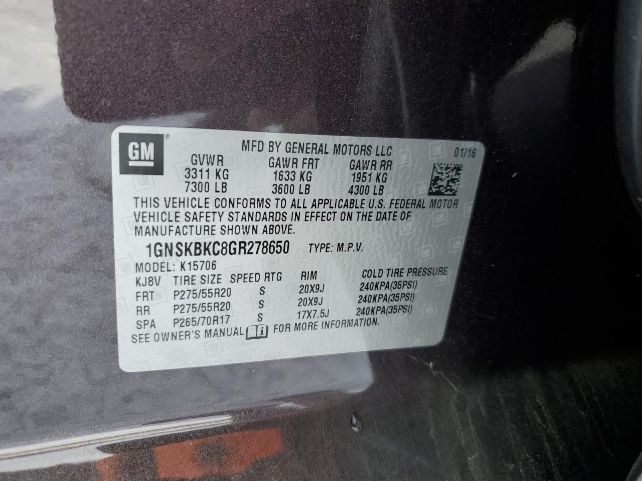 2016 Chevrolet Tahoe VIN 1GNSKBKC8GR278650 Copart auction photo, front end damage thumbnail 13
