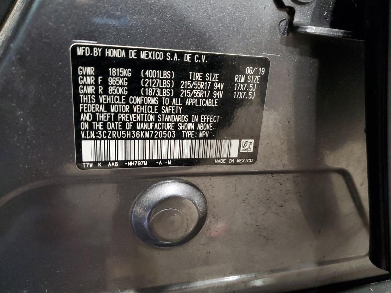 2019 Honda HR-V VIN 3CZRU5H36KM720503 Copart auction photo, front end damage thumbnail 12