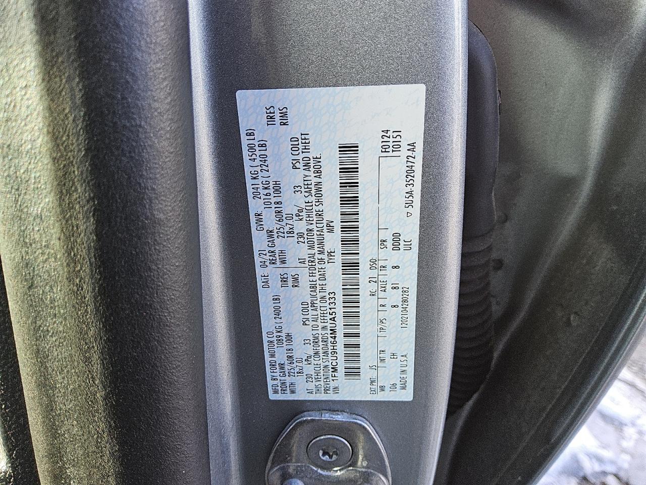 2021 Ford Escape VIN 1FMCU9H64MUA51333 Copart auction photo, mechanical damage thumbnail 14