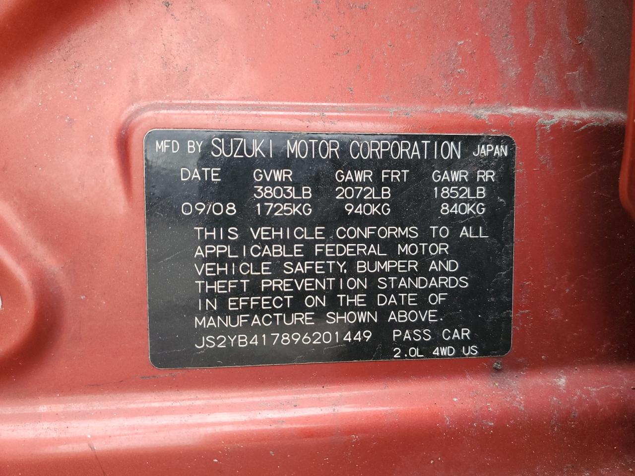 2009 Suzuki SX4 VIN JS2YB417896201449 Copart auction photo, front end / top/roof damage thumbnail 14