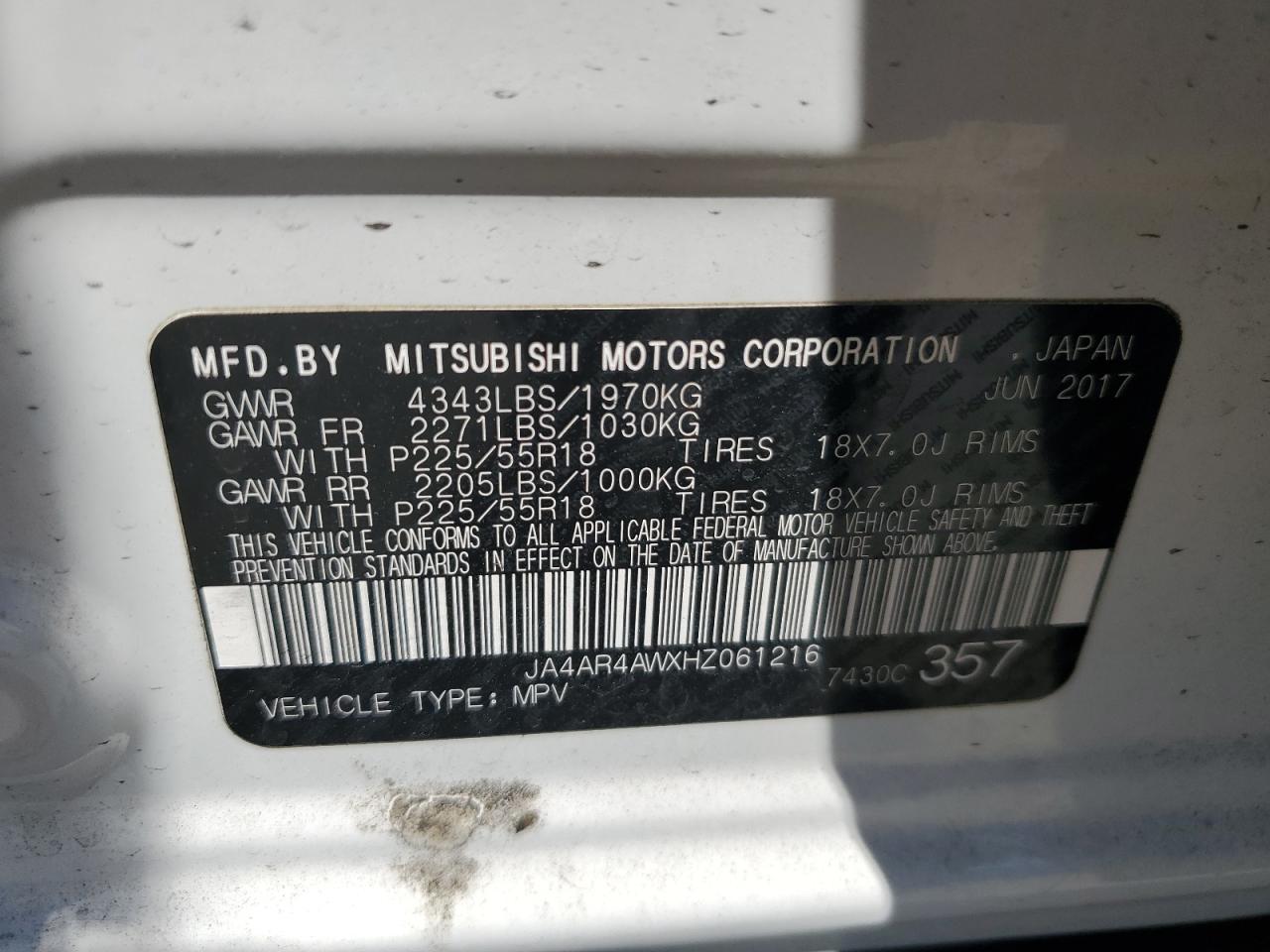 2017 Mitsubishi Outlander VIN JA4AR4AWXHZ061216 Copart auction photo, front end damage thumbnail 15
