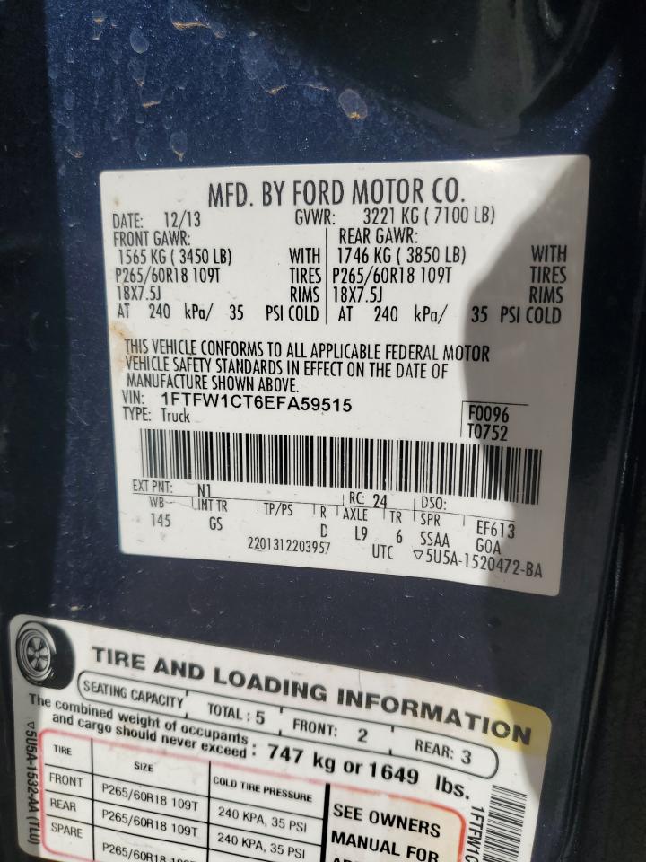 2014 Ford F-150 VIN 1FTFW1CT6EFA59515 Copart auction photo, front end damage thumbnail 13