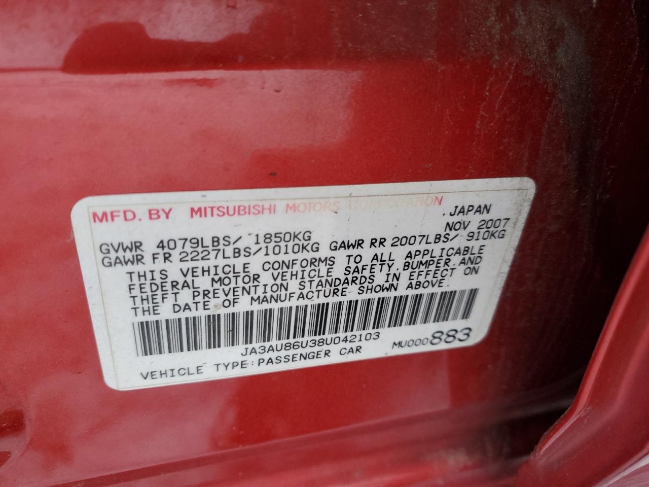 2008 Mitsubishi Lancer VIN JA3AU86U38U042103 Copart auction photo, minor dent/scratches damage thumbnail 12