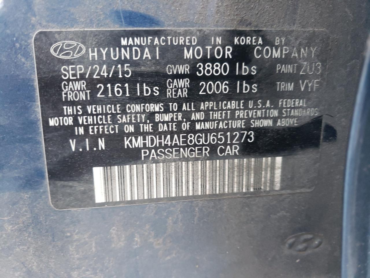 2016 Hyundai Elantra VIN KMHDH4AE8GU651273 Copart auction photo, all over damage thumbnail 13
