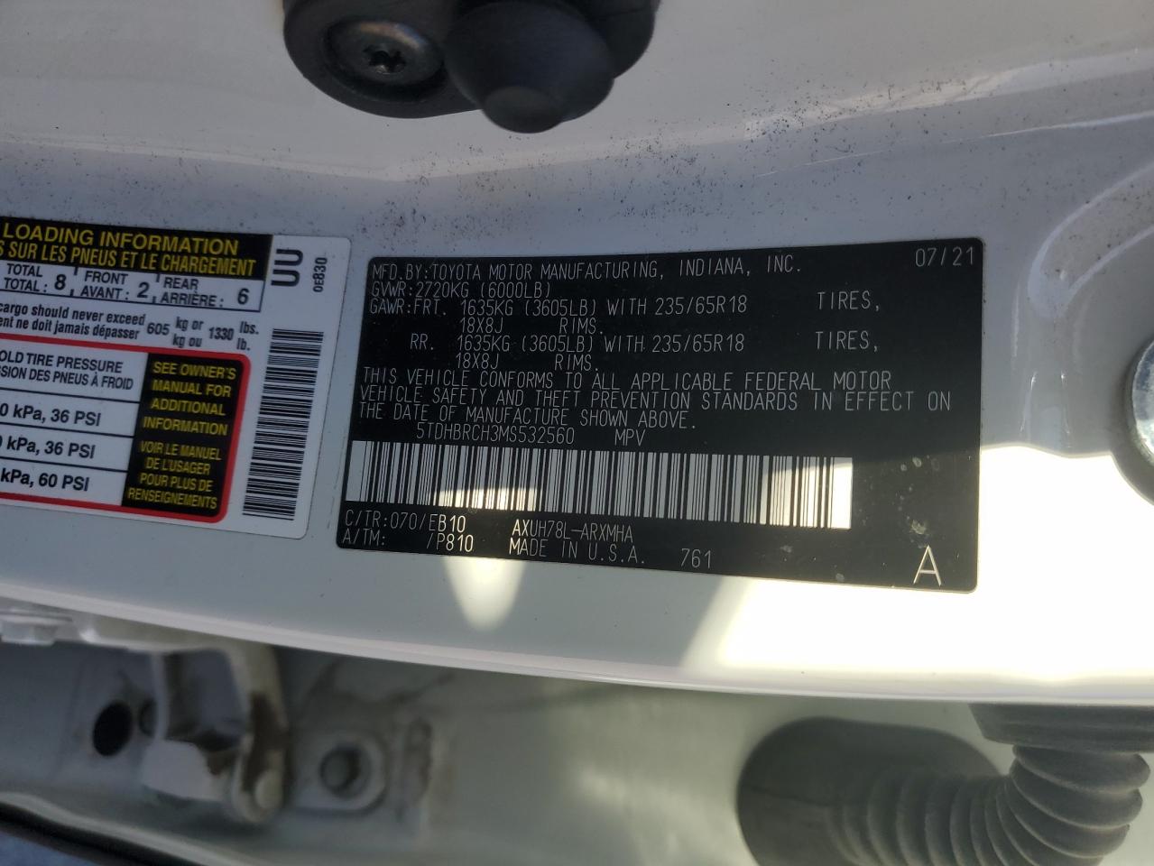 2021 Toyota Highlander VIN 5TDHBRCH3MS532560 Copart auction photo, front end damage thumbnail 14
