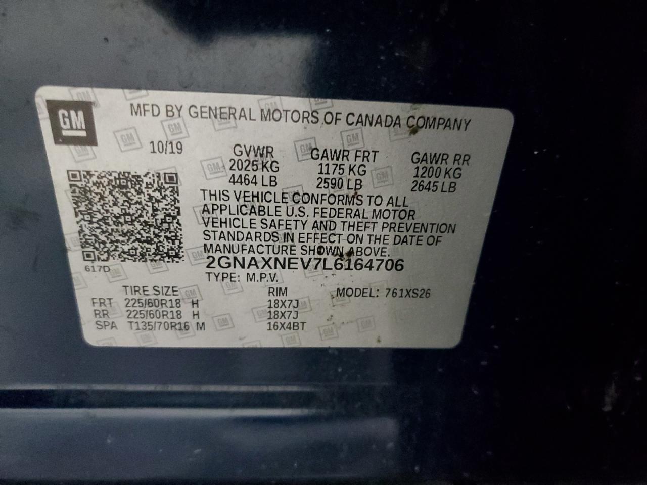 2020 Chevrolet Equinox VIN 2GNAXNEV7L6164706 Copart auction photo, front end / rear end damage thumbnail 13