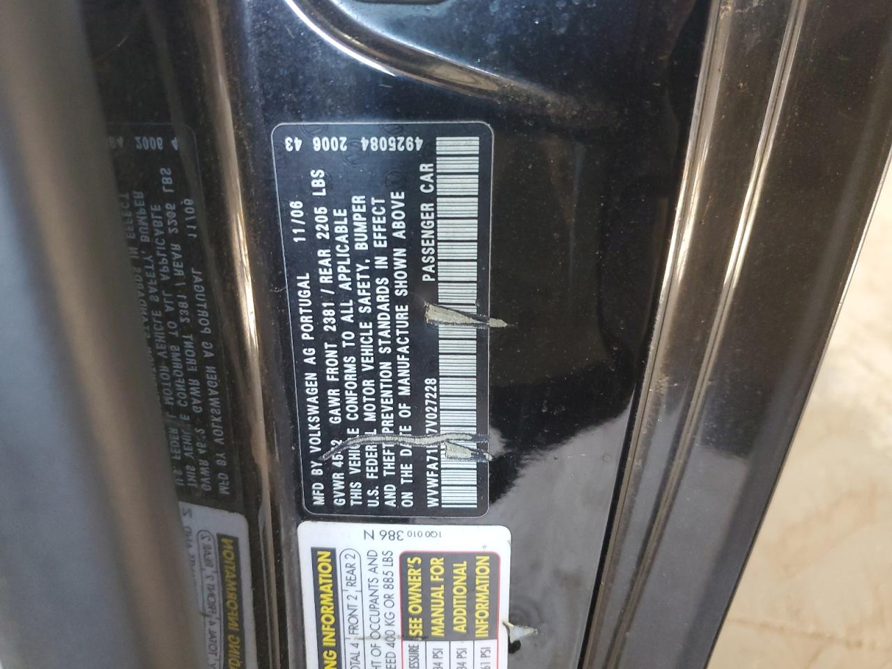 2007 Volkswagen Eos VIN WVWFA71F97V027228 Copart auction photo, front end damage thumbnail 12