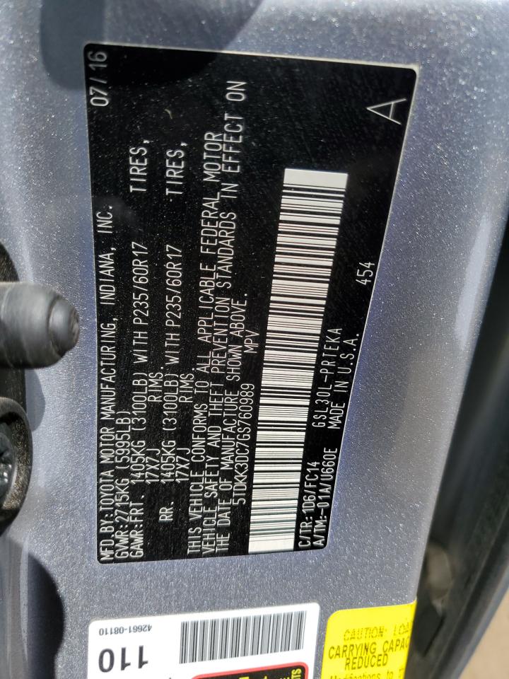 2016 Toyota Sienna VIN 5TDKK3DC7GS760989 Copart auction photo, rear end damage thumbnail 13