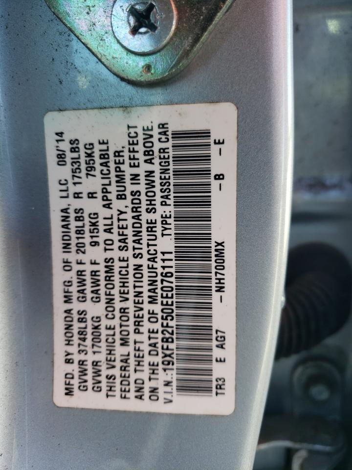 2014 Honda Civic VIN 19XFB2F50EE076111 Copart auction photo, all over damage thumbnail 12