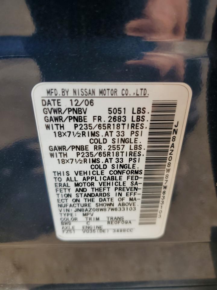 2007 Nissan Murano VIN JN8AZ08W87W633103 Copart auction photo, side damage thumbnail 14