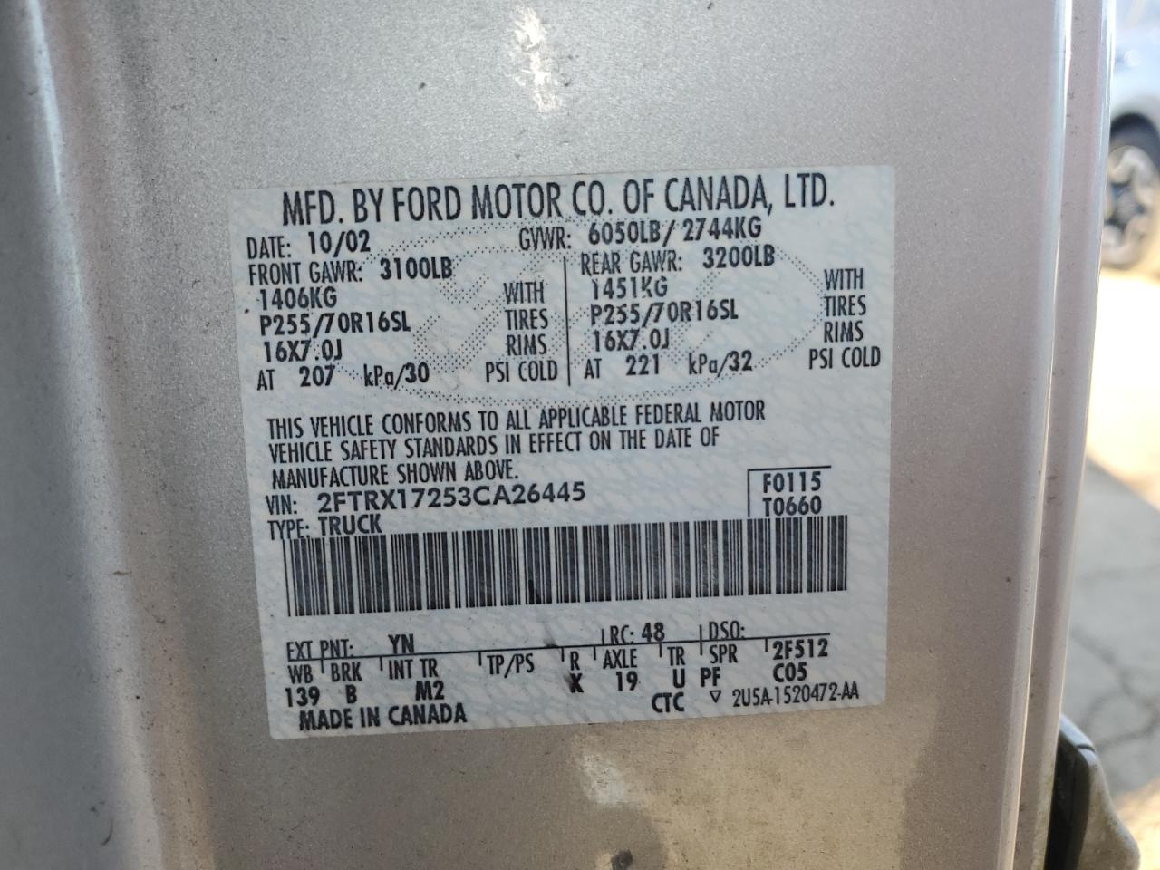 2003 Ford F-150 VIN 2FTRX17253CA26445 Copart auction photo, rear end / mechanical damage thumbnail 12