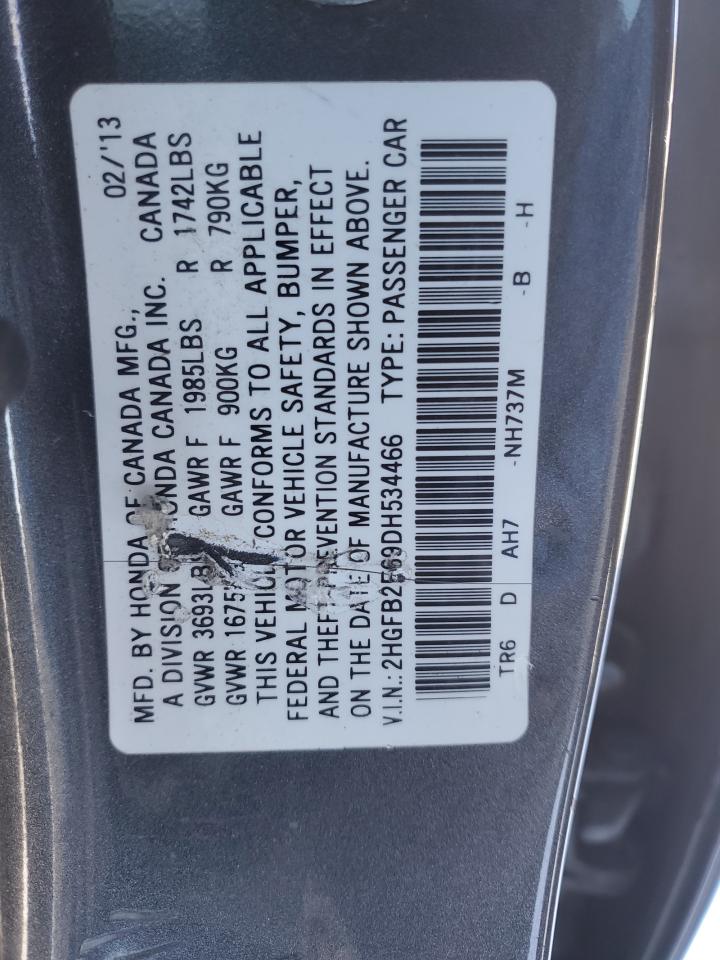 2013 Honda Civic VIN 2HGFB2F69DH534466 Copart auction photo, side damage thumbnail 12