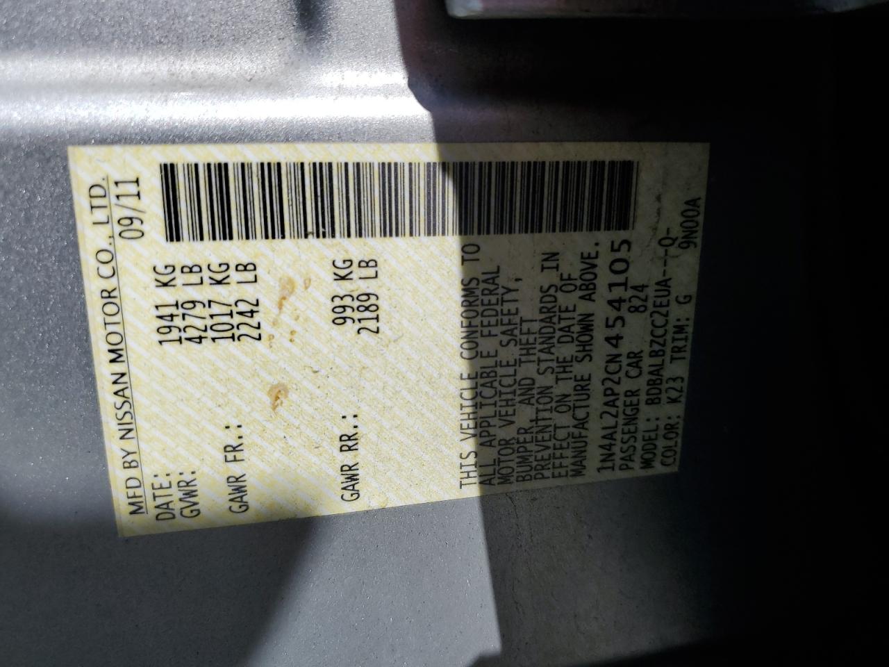 2012 Nissan Altima VIN 1N4AL2AP2CN454105 Copart auction photo, all over / undercarriage damage thumbnail 12