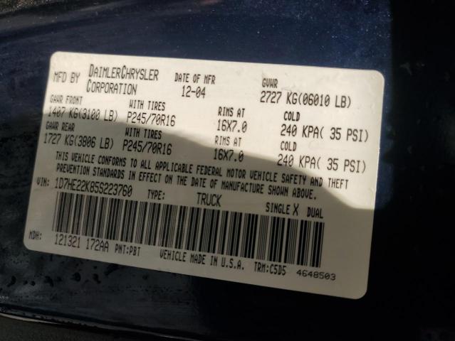 2005 Dodge Dakota VIN 1D7HE22K85S223760 Copart auction photo, front end damage thumbnail 12