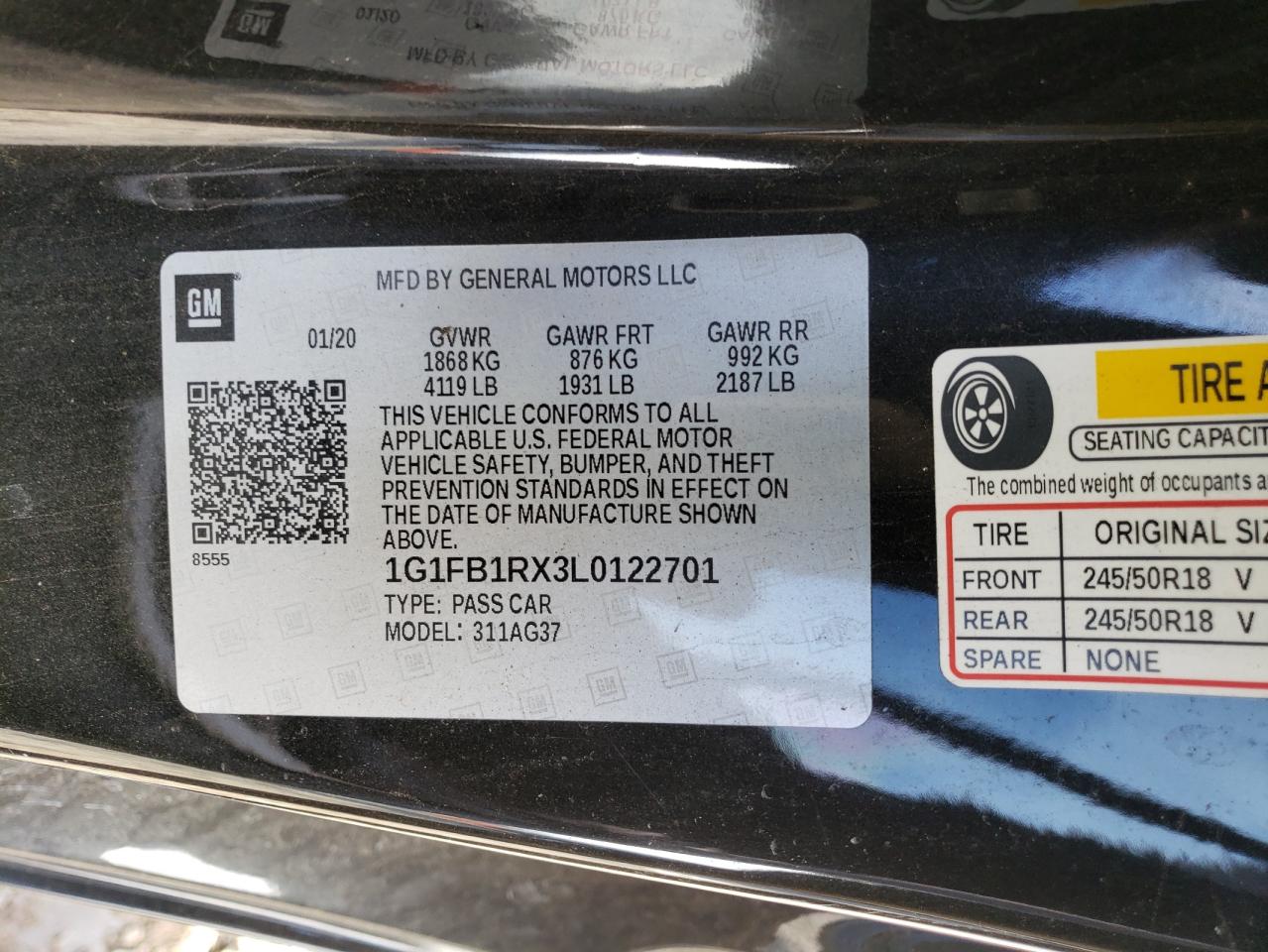 2020 Chevrolet Camaro VIN 1G1FB1RX3L0122701 Copart auction photo, rear end / side damage thumbnail 12