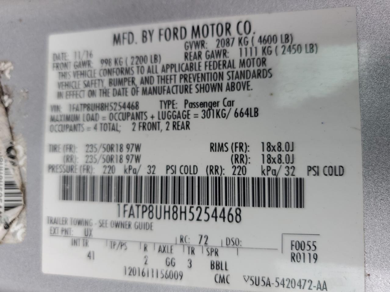 2017 Ford Mustang VIN 1FATP8UH8H5254468 Copart auction photo, front end damage thumbnail 12