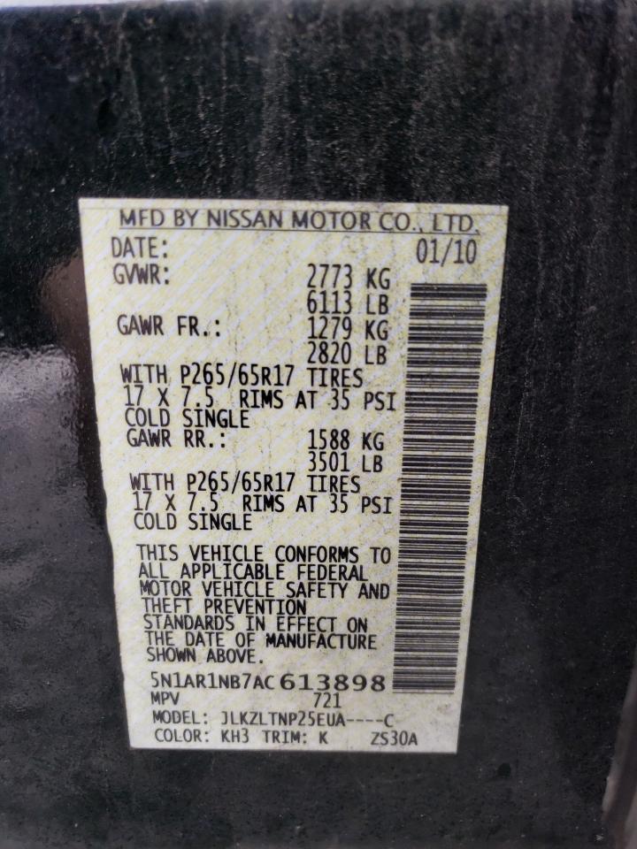 2010 Nissan Pathfinder VIN 5N1AR1NB7AC613898 Copart auction photo, vandalism / rear end damage thumbnail 13