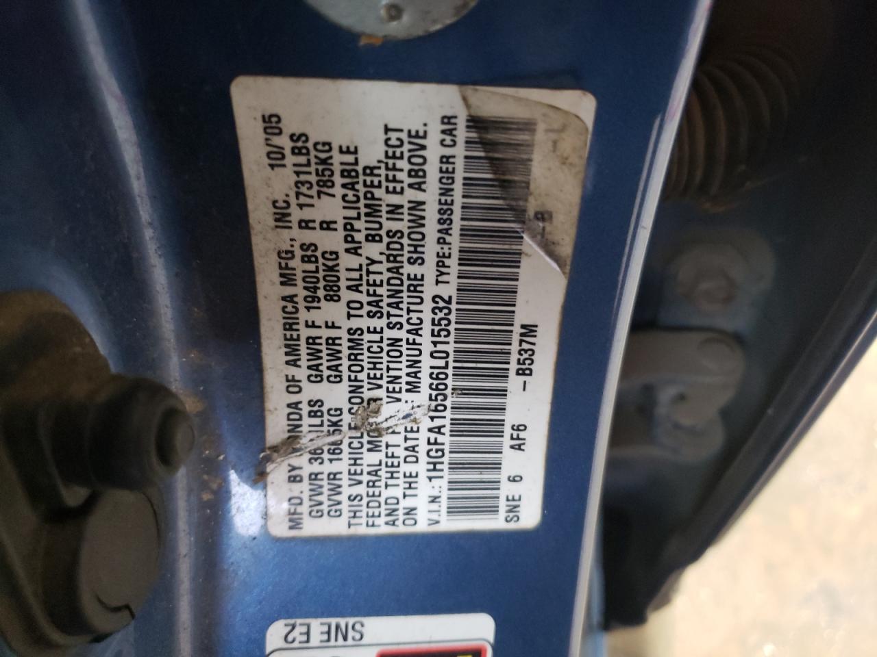 2006 Honda Civic VIN 1HGFA16566L015532 Copart auction photo, front end damage thumbnail 12
