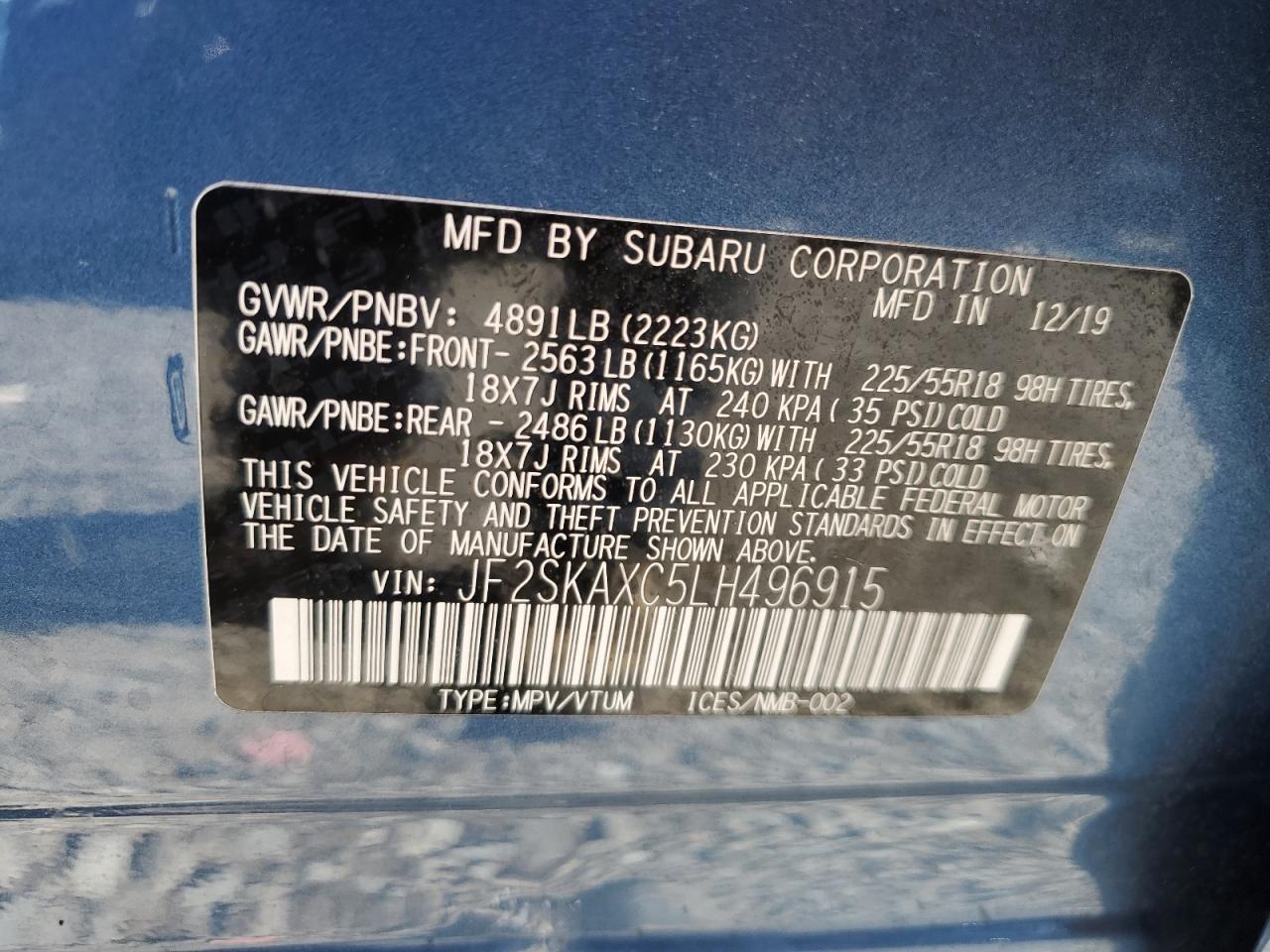 2020 Subaru Forester VIN JF2SKAXC5LH496915 Copart auction photo, all over damage thumbnail 13