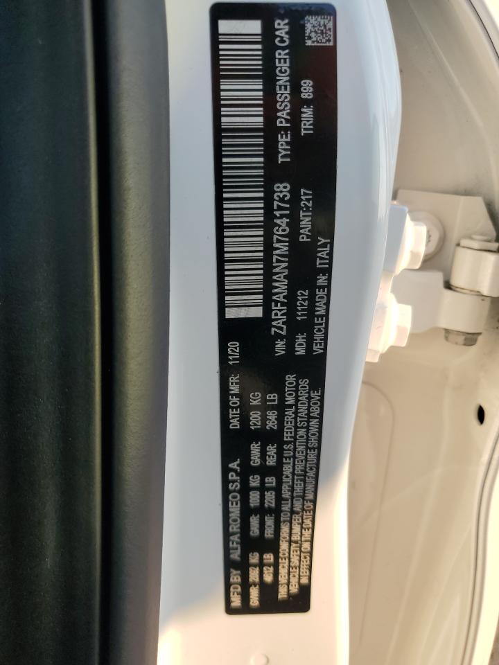 2021 Alfa Romeo Giulia VIN ZARFAMAN7M7641738 Copart auction photo, front end / side damage thumbnail 14
