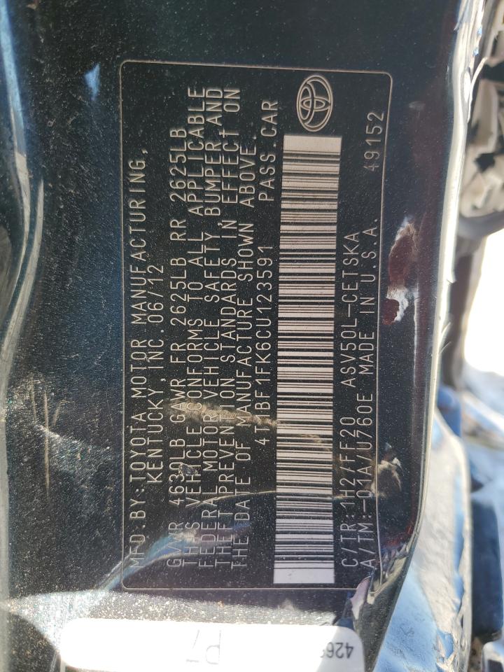 2012 Toyota Camry VIN 4T1BF1FK6CU123591 Copart auction photo, all over damage thumbnail 12