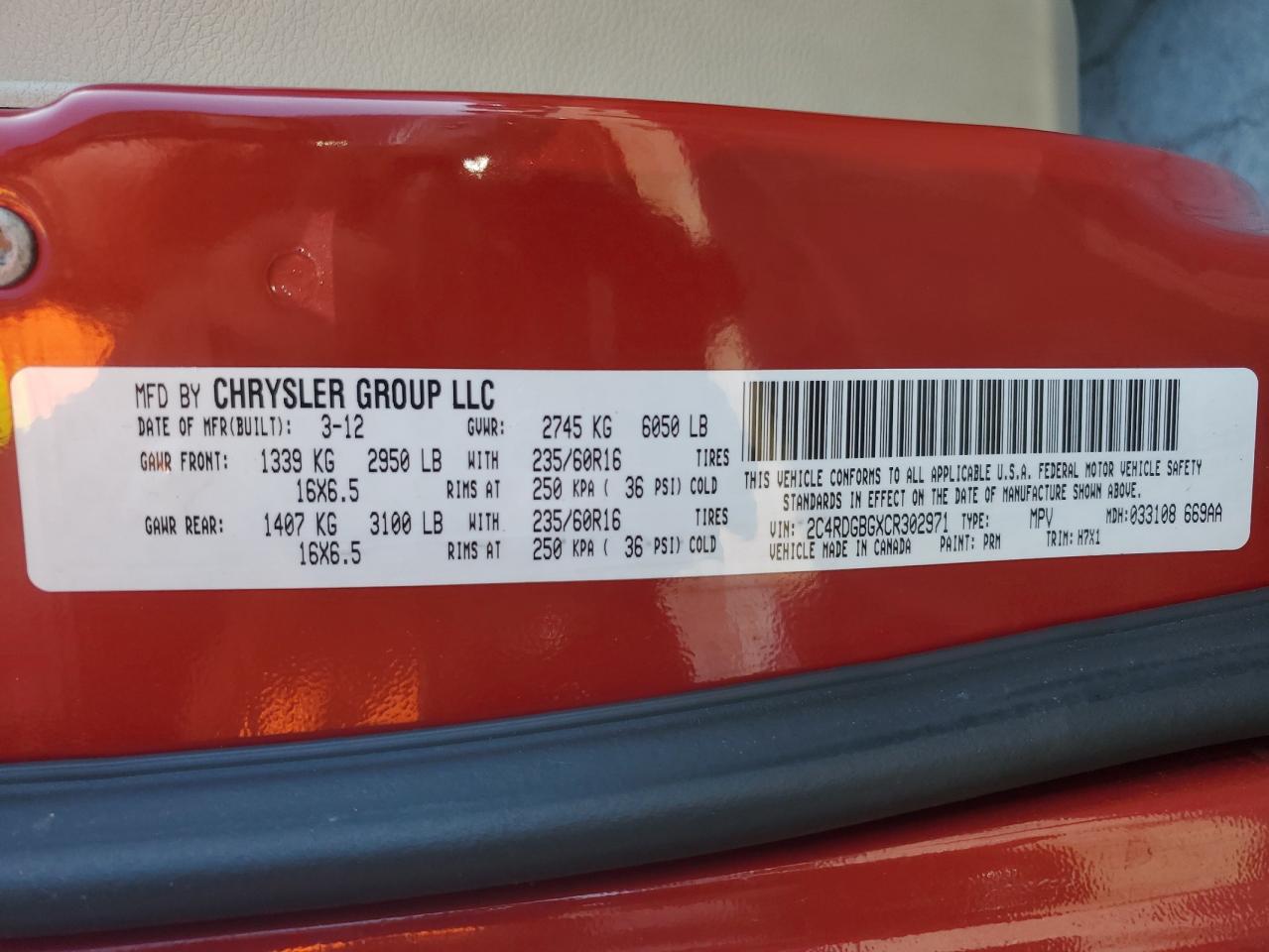 2012 Dodge Caravan VIN 2C4RDGBGXCR302971 Copart auction photo, front end damage thumbnail 16