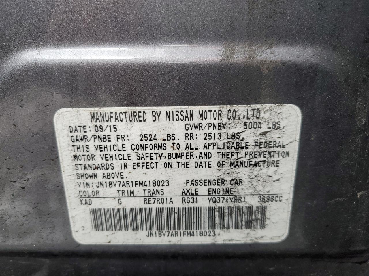 2015 Infiniti Q50 VIN JN1BV7AR1FM418023 Copart auction photo, front end / rear end damage thumbnail 13