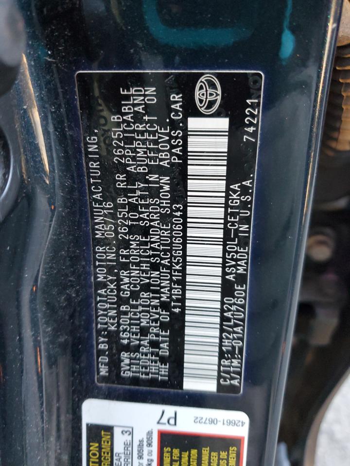 2016 Toyota Camry VIN 4T1BF1FK5GU606043 Copart auction photo, front end / minor dent/scratches damage thumbnail 12